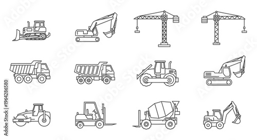 Construction vehicles and equipment icons.