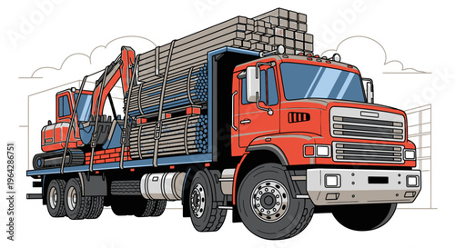 Large red truck with metal cargo.