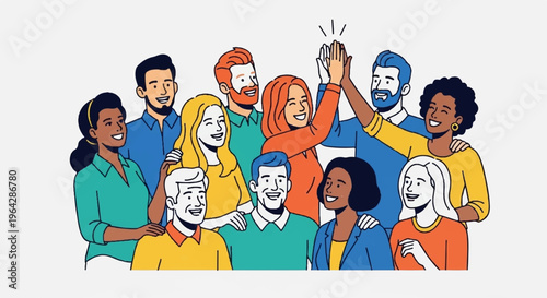 Diverse group of people celebrating together with high fives and smiles in a vibrant colorful illustration