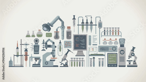 Scientific research and development illustration: robots, microscopes, beakers, DNA, computers, lab equipment montage