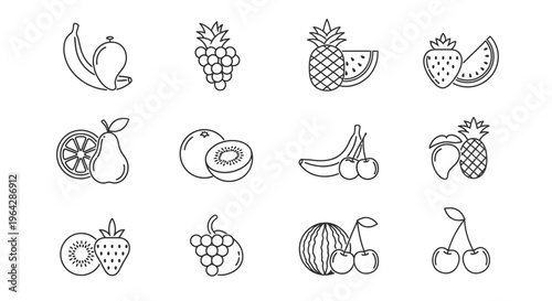 Variety of fruit icons line art 1.