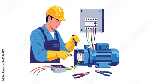 Electrician at Work: A skilled electrician diligently works on a pump, meticulously connecting wires and ensuring the system functions perfectly. The scene showcases precision and expertise.
