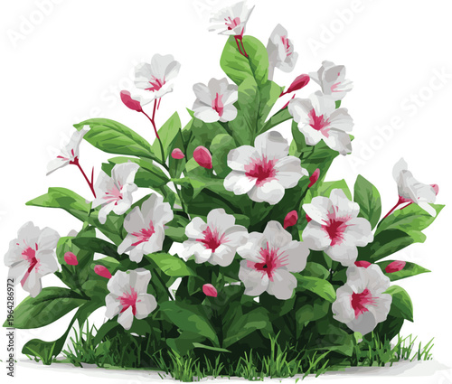 Generate on Set of garden bushes made of plasticine. Natural landscape design elements made of plasticine. White flowers and fuchsia center. Garden bush clay of on white background.
