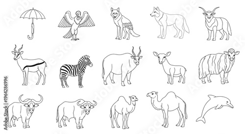 Various animals in a line drawing 3.