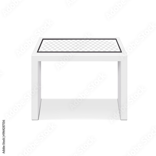 Interactive table with touch screen multitouch panel. Realistic 3d vector mock-up. Desk with tabletop touchscreen digital display. Easy editable mockup. Floor standing self service kiosk. Template