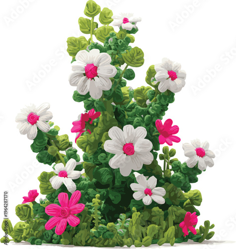 Generate on Set of garden bushes made of plasticine. Natural landscape design elements made of plasticine. White flowers and fuchsia center. Garden bush clay of on white background.