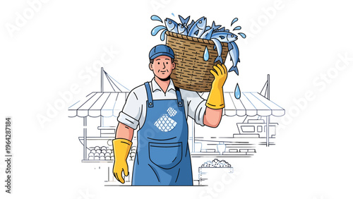 The Fisherman's Harvest: A diligent fisherman proudly carries a basket overflowing with fresh catches, ready to supply the local market with the bounty of the sea.