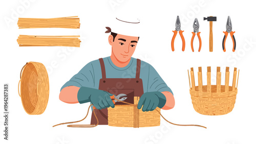 Craftsman and Craft: A skilled craftsman, surrounded by tools and materials, meticulously crafts a woven basket, showcasing the artistry of traditional craftsmanship.