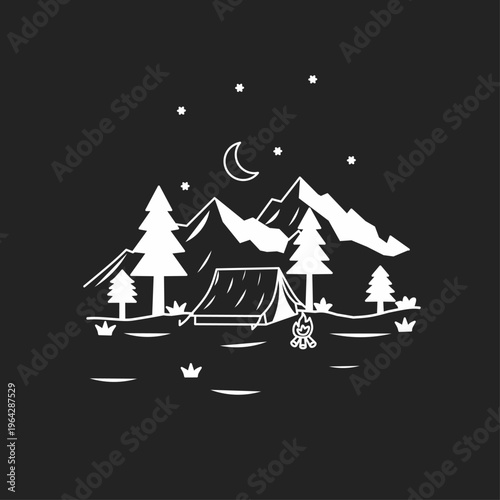 White Line Art Camping Illustration with Mountains and Moon on Black Background