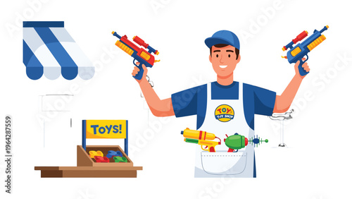 Toy Shop Seller with Colorful Water Guns: A cheerful shopkeeper enthusiastically presents a collection of vibrant water guns, symbolizing fun, play, and childhood joy in a friendly toy store setting.