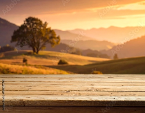 Golden Hour Serenity - A Tranquil Landscape with Wooden Table.