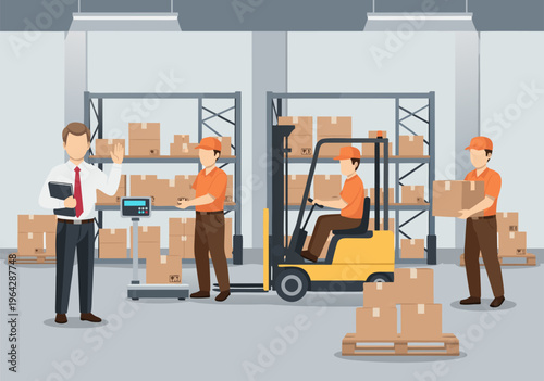 Logistics warehouse operations with forklift, workers and parcels - vector illustration