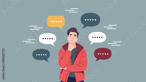 Thoughtful man surrounded by speech bubbles in a vector illustration