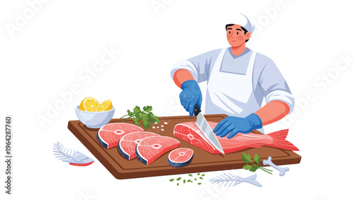 Master Butcher: Expertly slicing through fresh fish with precision, a skilled butcher prepares a culinary masterpiece, highlighting freshness and culinary expertise.