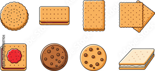 Cookie and biscuit illustration set featuring sandwich cookies, plain biscuits, jam-filled squares, chocolate cookies, and chip cookies for bakery and dessert design.