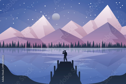 Minimalist landscape illustration with a person standing on a wooden pier