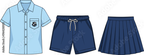 School uniform clothing illustration set featuring button-up shirt with crest, dark blue shorts, and pleated skirt for education, apparel, and dress code artwork.