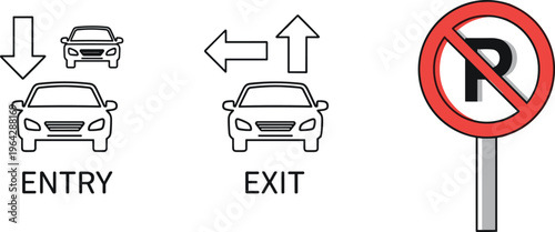 Traffic and parking sign illustration set featuring entry symbol, exit symbol, and no parking sign for road safety and transportation design.