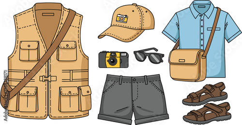 Travel and outdoor exploration outfit illustration set featuring utility vest, cap, shirt, shorts, sandals, sunglasses, shoulder bag, and camera for lifestyle design.