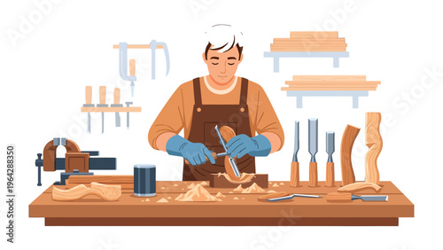 Craftsmanship in Workshop: A skilled artisan, engrossed in his craft, meticulously shapes a wooden creation within a well-equipped workshop, showcasing dedication and artistry.