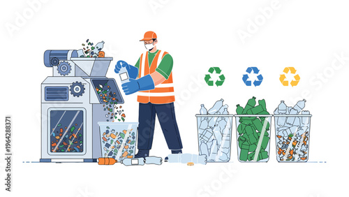 Recycling Process: A dedicated sanitation worker meticulously sorts and processes recyclable materials, highlighting the importance of environmental responsibility and resource management.