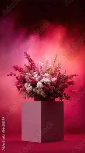 A beautiful arrangement of vibrant pink and white flowers in a modern pink box against a misty backdrop