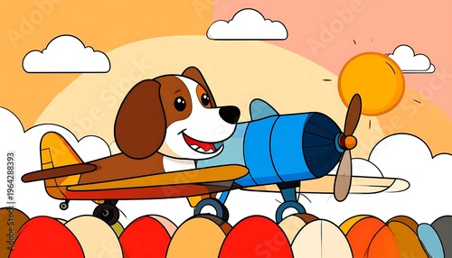 Dog Pilot Flying Airplane in Cartoon Style with Clouds and Sun.