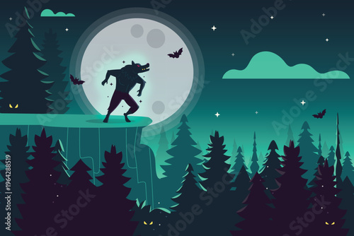 Werewolf standing on a cliff edge under a full moon in a spooky forest
