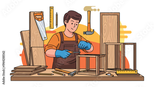 Craftsman at Work: A skilled craftsman meticulously assembles wooden furniture in his workshop, utilizing various tools to create a functional and aesthetically pleasing piece.