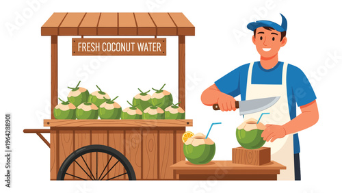 Coconut Water Vendor: A vibrant illustration depicts a friendly vendor, skillfully preparing fresh coconut water at a charming wooden cart, inviting customers to enjoy a taste of tropical refreshment.