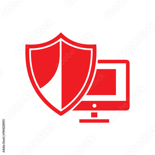 Red shield icon symbol protects a desktop computer monitor against digital threats on a white background. Free Download Red shield icon symbol protects a desktop computer monitor against digital threats on a white background. - GFXLoad