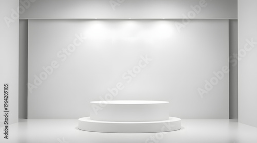 Elegant minimalist white studio room featuring a brightly illuminated circular display podium, ideal for showcasing new products, innovative concepts, or contemporary art installations