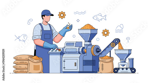 Precision in Production: A skilled worker meticulously oversees an industrial process, managing a complex food production line with precision and care.