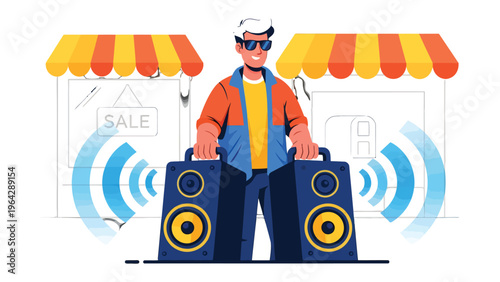 Musical Entrepreneur: A stylish music enthusiast, radiating energy, stands confidently amidst a vibrant street scene, ready to share music with world.