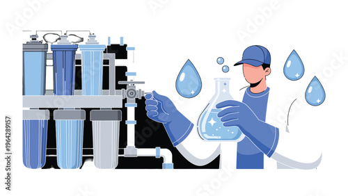 Water Purification System: A laboratory professional in protective attire conducts a purity analysis of water, illustrating the process of water filtration with precision and scientific detail.