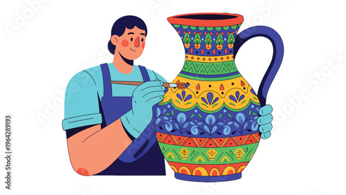 Artisan Crafting: A skilled artisan meticulously paints vibrant designs on an earthenware jug, showcasing traditional artistry and craftsmanship. 