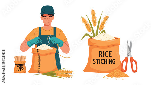 Rice Farming Craft: A skilled farmer meticulously seals a filled rice sack, embodying the traditional craftsmanship of agriculture with other object.
