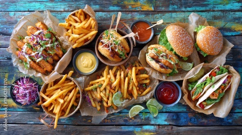 Assortment of classic fried foods on a rustic wooden table, including fries, sandwiches, and tacos, accompanied by sauces