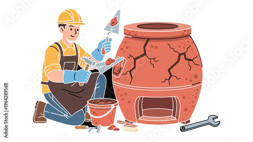 Bricklayer Artisan at Work: An industrious bricklayer skillfully constructs a structure with precision and dedication. His focused work showcasing a story of craftsmanship and resilience.