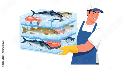 Fresh Seafood Presentation: A culinary professional carefully carries a transparent container filled with a variety of fresh seafood, maintaining the quality and presentation of the products.