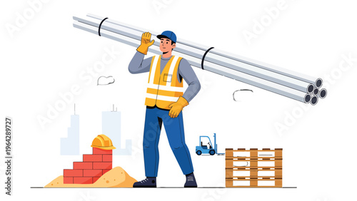 Construction Worker at Work: An industrious construction worker carries a bundle of metal pipes on his shoulder. with other construction materials present.