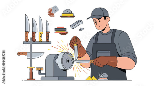 Precision Craft: A skilled artisan meticulously sharpens a blade, surrounded by an array of tools, showcasing the artistry of knife making.