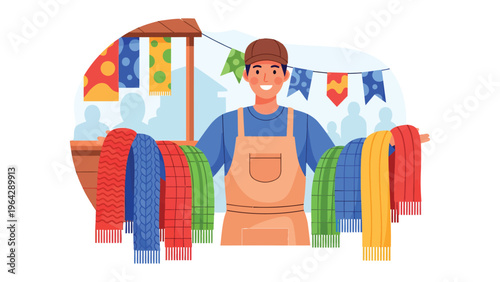 Vendor's Delight: A smiling vendor stands proudly behind his market stall, displaying a colorful array of handcrafted fabrics and textile goods, evoking a sense of community, craft.