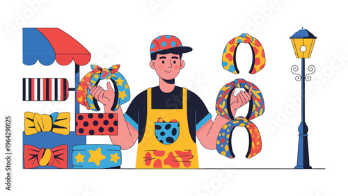 Artisan Displaying Headbands: A cheerful artisan proudly showcases a colorful array of handmade headbands at a vibrant outdoor stall, celebrating craftsmanship and creativity.
