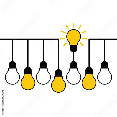 A glowing lightbulb stands out among dimly lit bulbs on a string