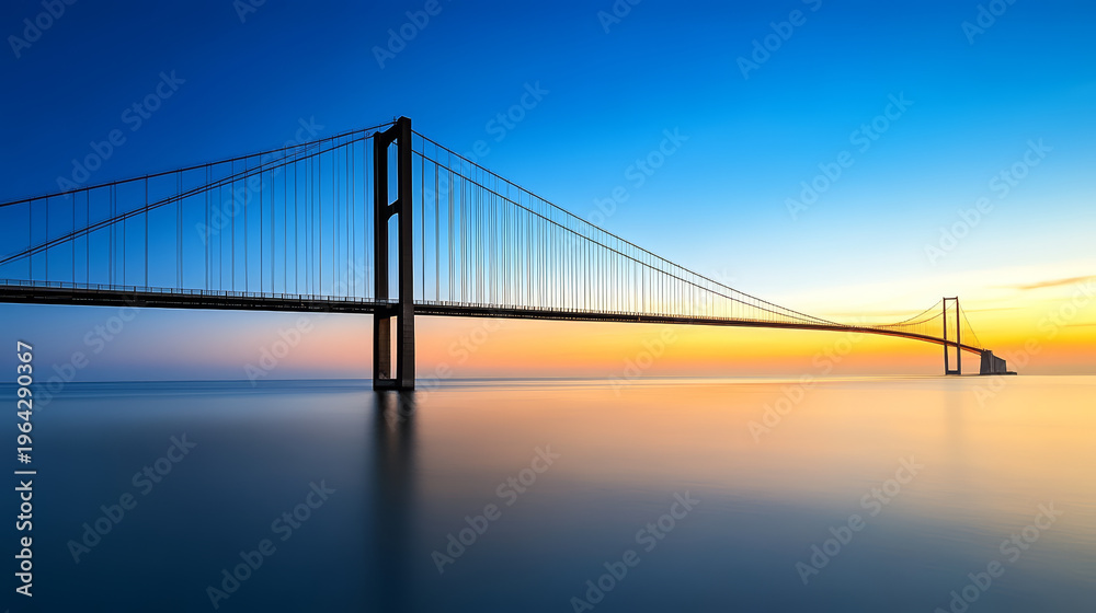 Fototapeta premium Minimalist suspension bridge over calm sea water at sunrise, vibrant sky, peaceful atmosphere