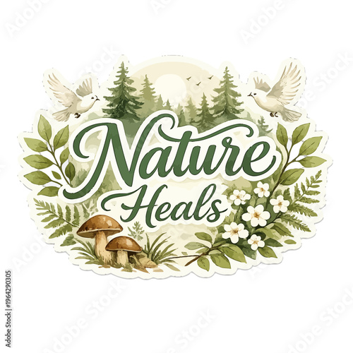 Nature-Inspired Sticker Featuring the Phrase “Nature Heals” in Elegant, Serene Typography | Calming Forest Elements Including Trees, Leaves, and Birds | Soft Earthy Color Palette of Greens, Browns
