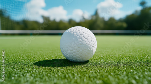 White field hockey ball on green turf with blurred net post in background, bright and clear day