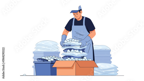 Packing Procedure: A diligent worker wearing gloves and a cap meticulously organizes and packages goods, embodying dedication and efficiency in the process.