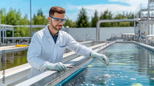 Environmental engineer in white lab coat testing water quality at outdoor treatment facility